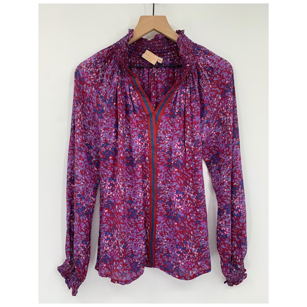 Rungolee Silk Blouse Womens XS Purple Abstract Smocked V-Neck Long Sleeve NWOT